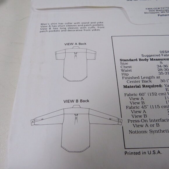 Kwik Sew 1627 clothing pattern Mens Shirt S-XLg long & short sleeve UNCUT - Picture 3 of 4